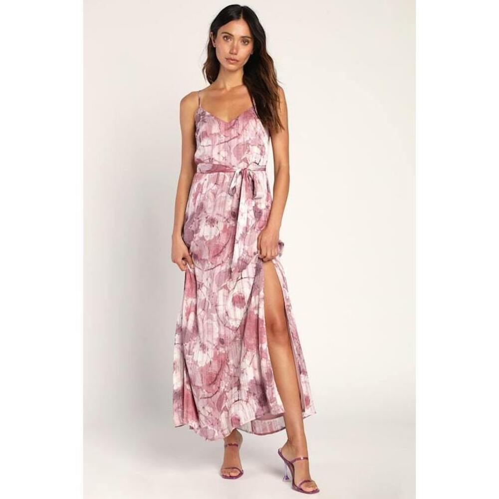 Lulus Sparkling Summer Purple Floral Lurex Maxi Dress - Size L